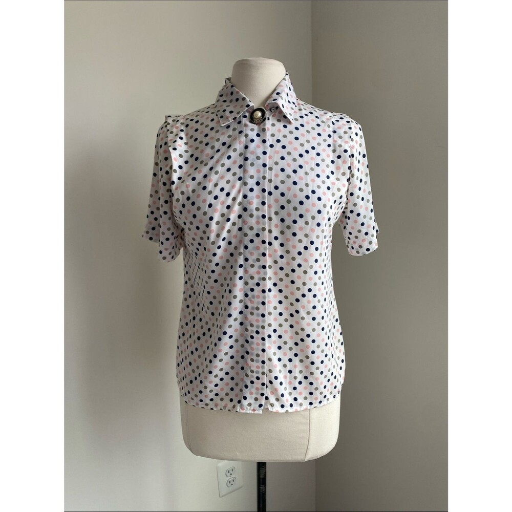 Vintage Polka Dot Short Sleeve Button-Up Blouse Womens Sz 4 White Navy Pink Dots